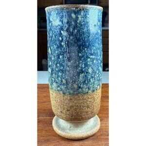 Vintage Signed Studio Pottery Matte Blue Brown Glazed Footed Bud Vase Vessel